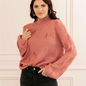 Rachel Parcell Ostrich Feather Trimmed Mock Neck Sweater, blush pink, size M
